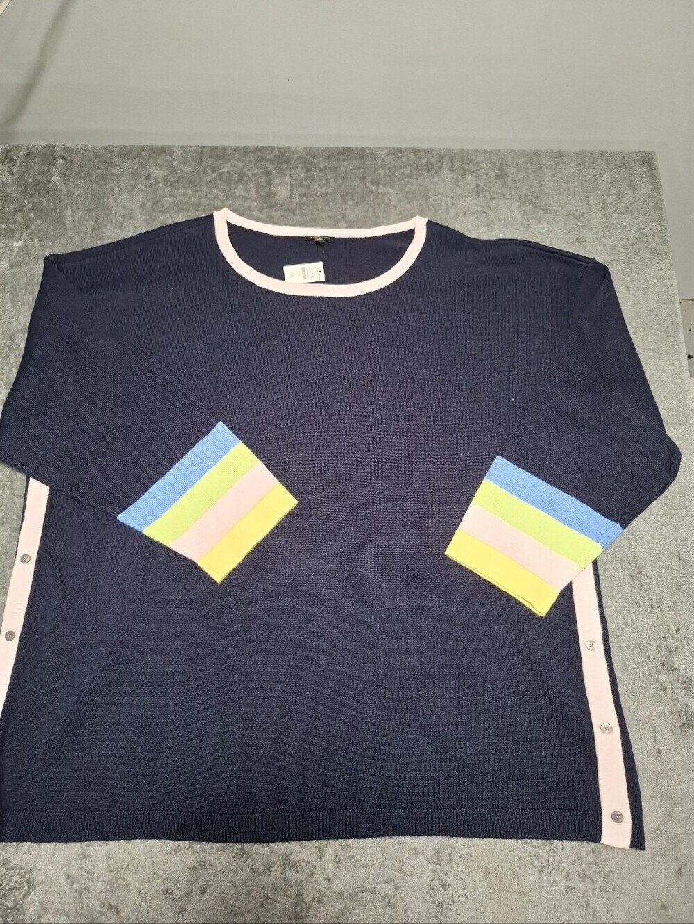 TALBOTS Womens Plus 3X Sweater Knit Navy Blue Striped Side Buttons Pink Trim - Picture 9 of 11